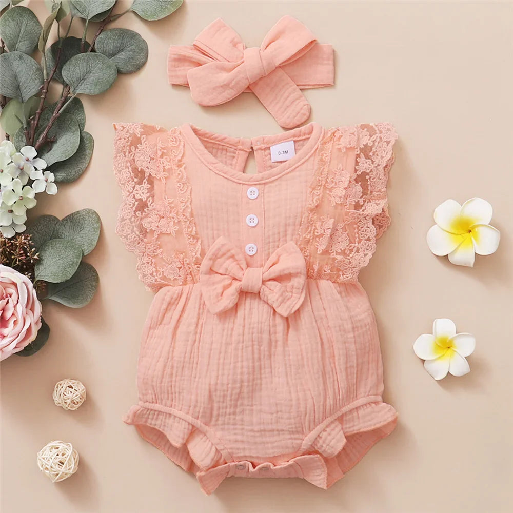 0-18 Months Old Newborn Solid Color Sleeveless Round Neck Lace Edge Bow Romper + Headband Baby Girl Summer New Casual