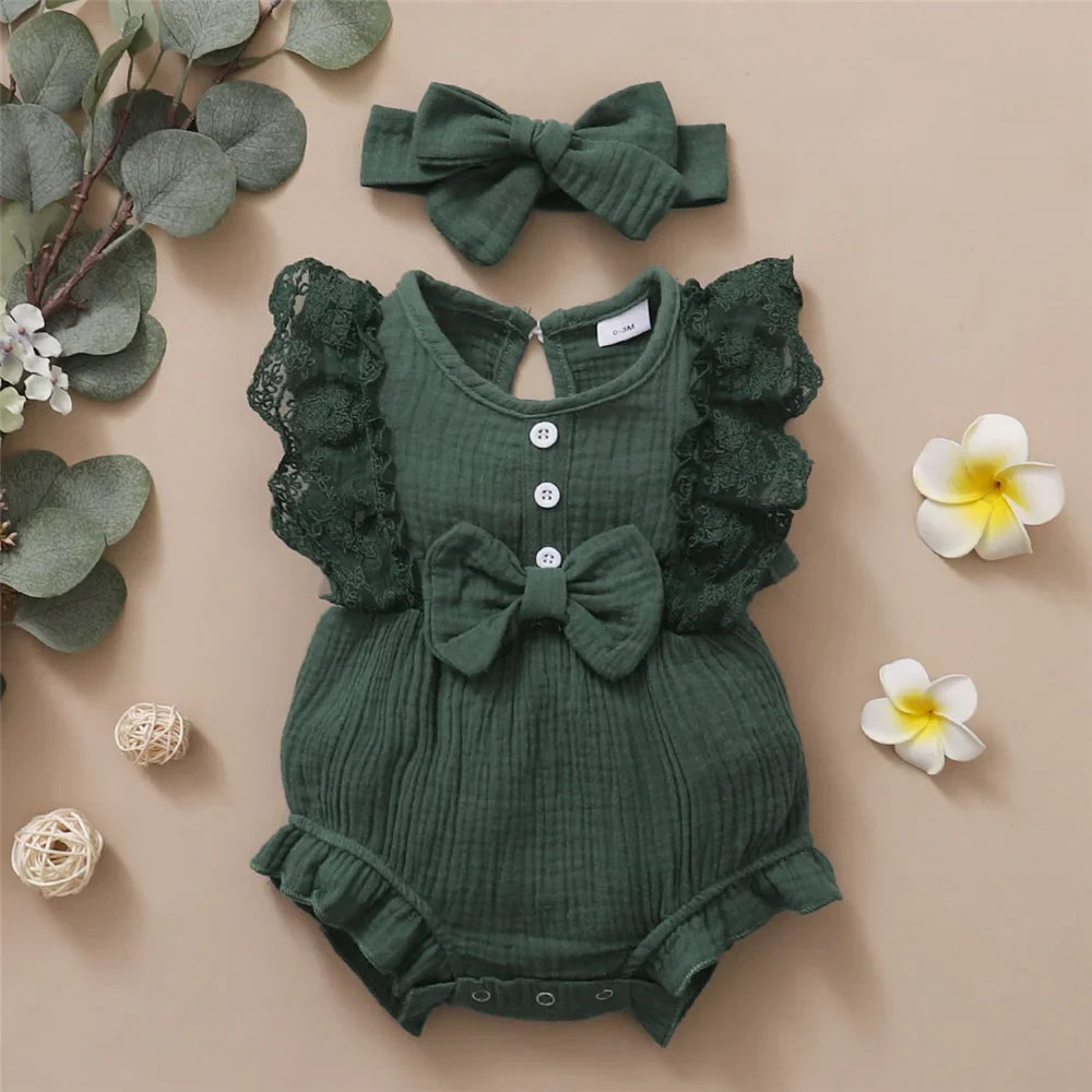 0-18 Months Old Newborn Solid Color Sleeveless Round Neck Lace Edge Bow Romper + Headband Baby Girl Summer New Casual