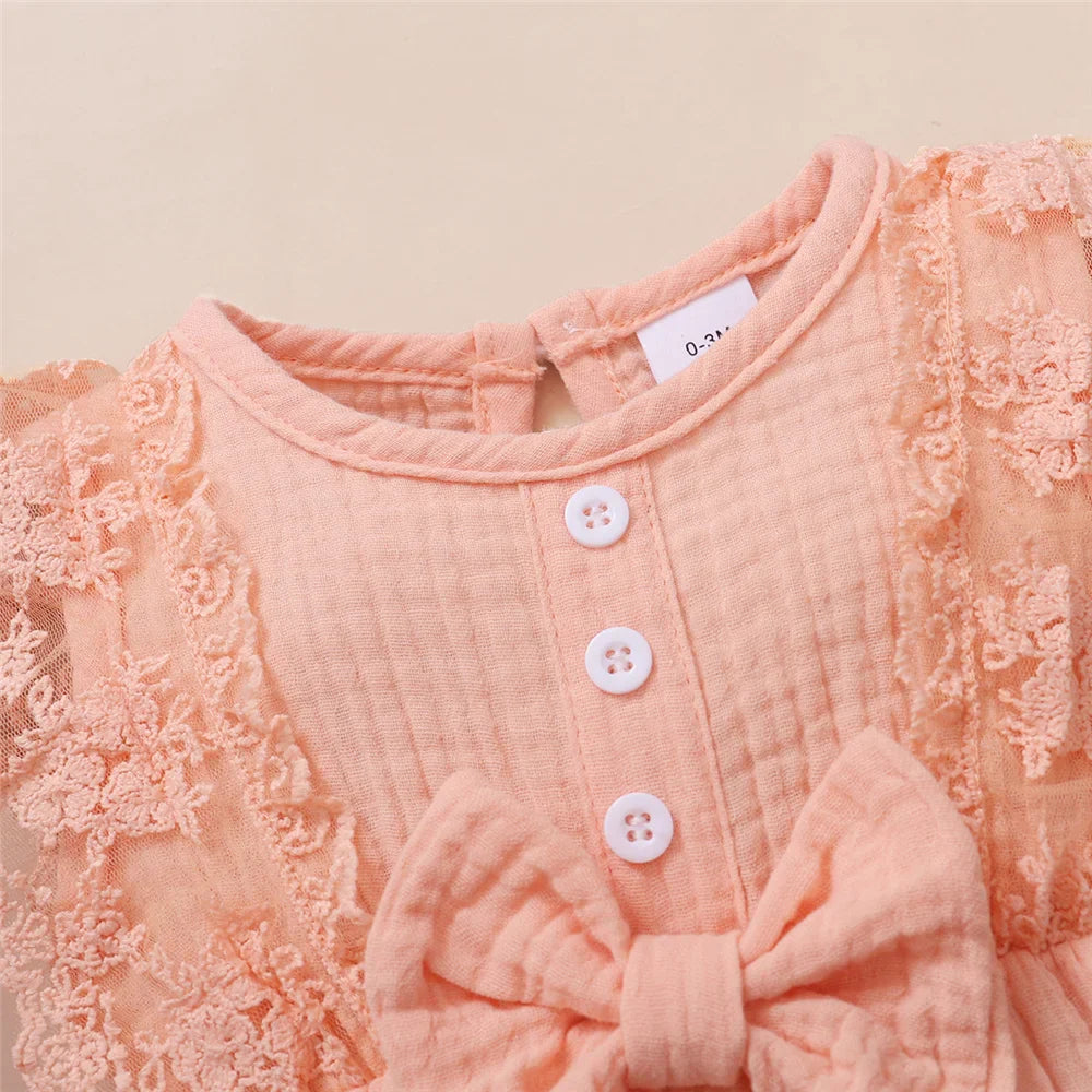 0-18 Months Old Newborn Solid Color Sleeveless Round Neck Lace Edge Bow Romper + Headband Baby Girl Summer New Casual