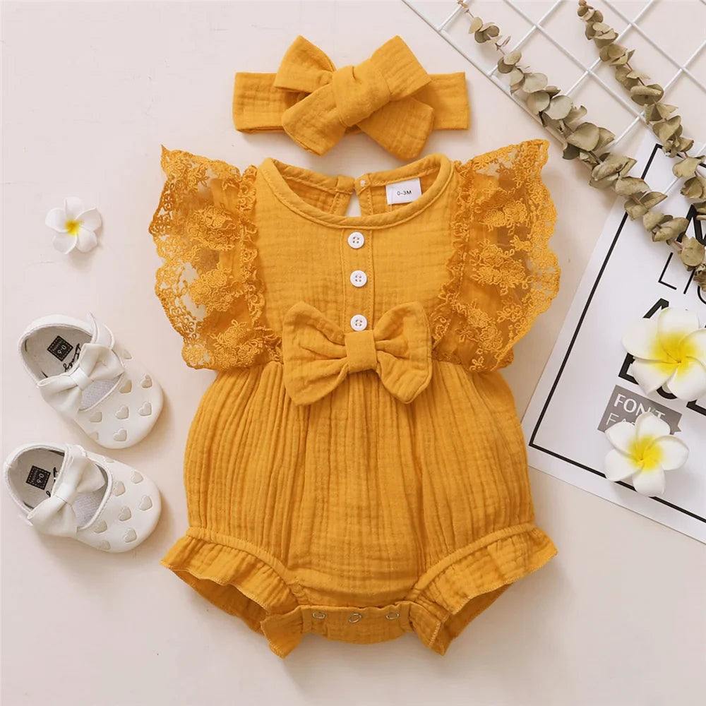 0-18 Months Old Newborn Solid Color Sleeveless Round Neck Lace Edge Bow Romper + Headband Baby Girl Summer New Casual