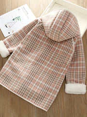 Girls' Elegant Plaid Fleece Overcoat - Hooded, Midi-Length with Zip Pockets for Winter Warmth