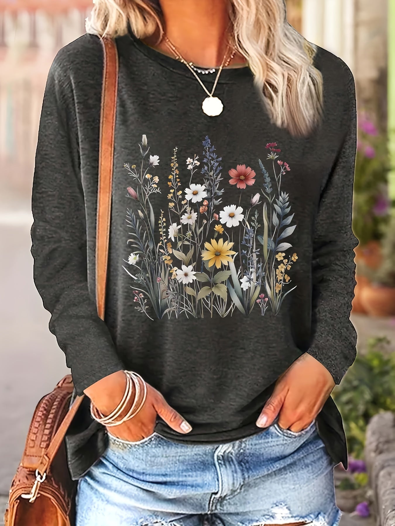 Plus Size Floral Bloom Crew Neck Long Sleeve Top - Soft, Breathable, Relaxed Fit, Casual Chic Style for Spring & Fall - Women's Comfortable Plus Size Clothing for Daily Wear