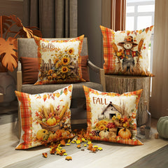 4pcs Velvet Fall Thanksgiving Throw Pillow Covers Scarecrow Log Cabin Plant Buffalo Plaid Farmhouse Rustic Harvest Decorative Pillowcases18in*18in For Autumn Living Room Bedroom Sofa Bed Decoration Without Pillow Inserts