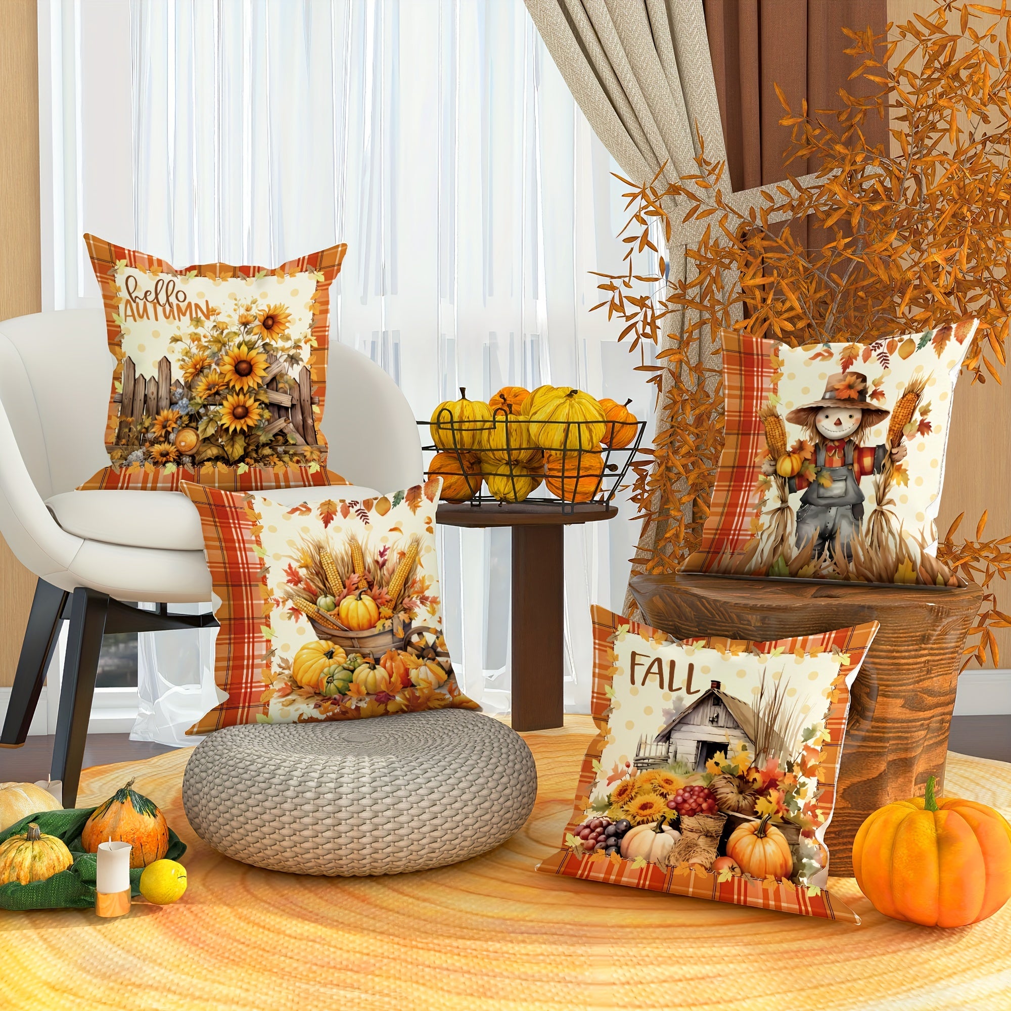 4pcs Velvet Fall Thanksgiving Throw Pillow Covers Scarecrow Log Cabin Plant Buffalo Plaid Farmhouse Rustic Harvest Decorative Pillowcases18in*18in For Autumn Living Room Bedroom Sofa Bed Decoration Without Pillow Inserts