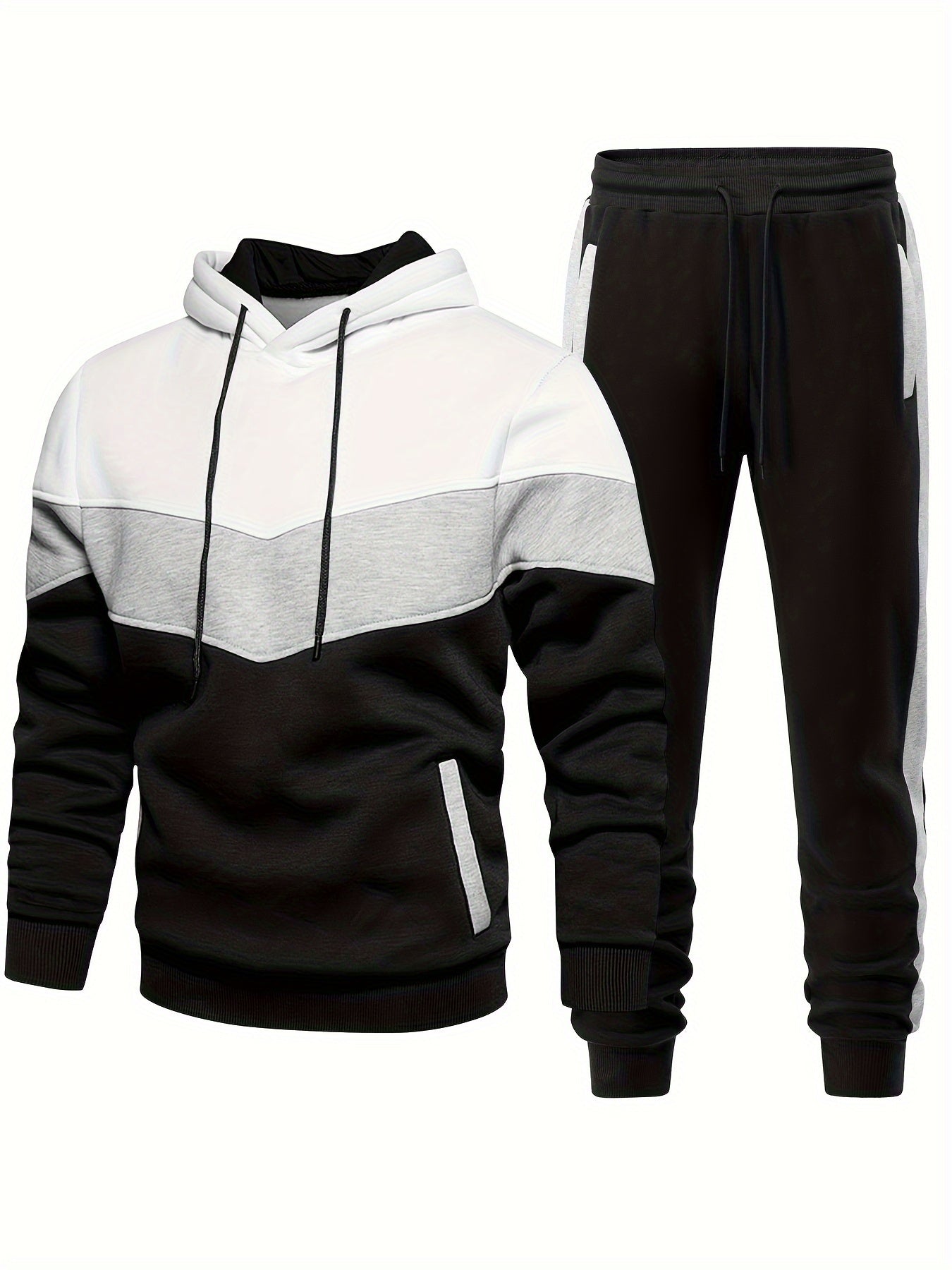 2-piece Color Block Men's Athletic Tracksuit Set, Casual Long Sleeve Hoodie With Drawstring And Jogging Pants Set For Gym Workout Running