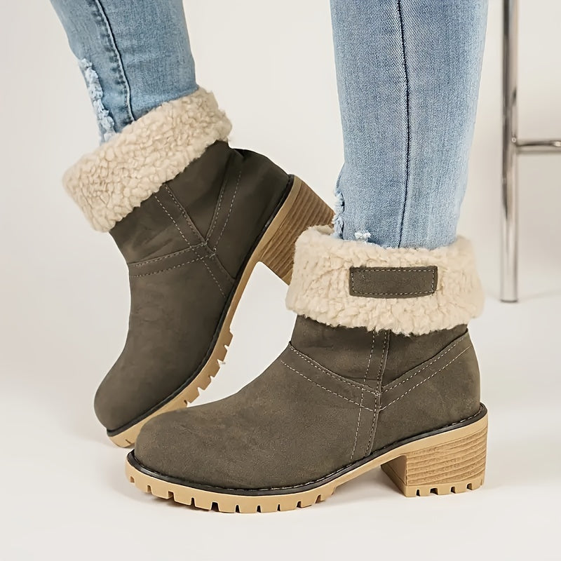 Women's Solid Color Chunky Heel Boots, Casual Slip On Plush Lined Boots, Comfortable Winter Ankle Boots