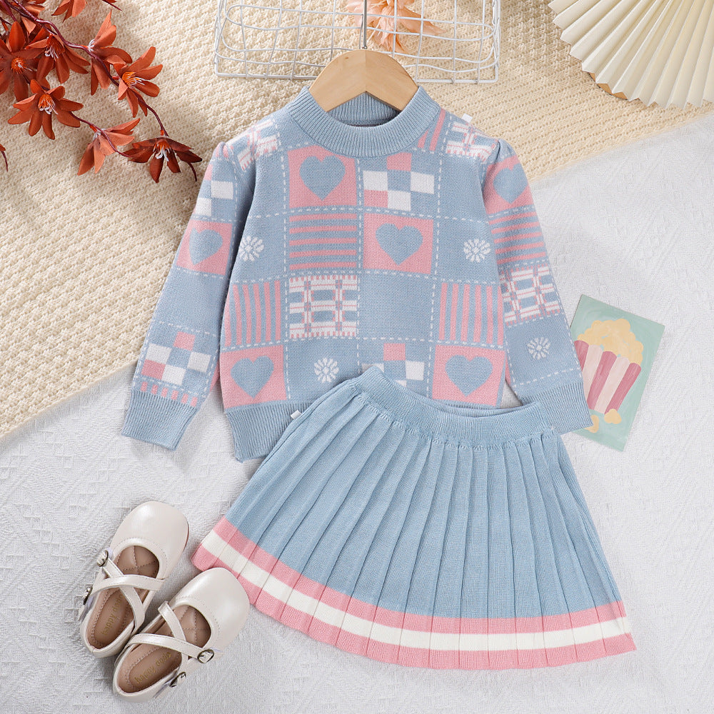 Round Neck Geometric Cartoon Printed Sweater Pleated Skirt Suit