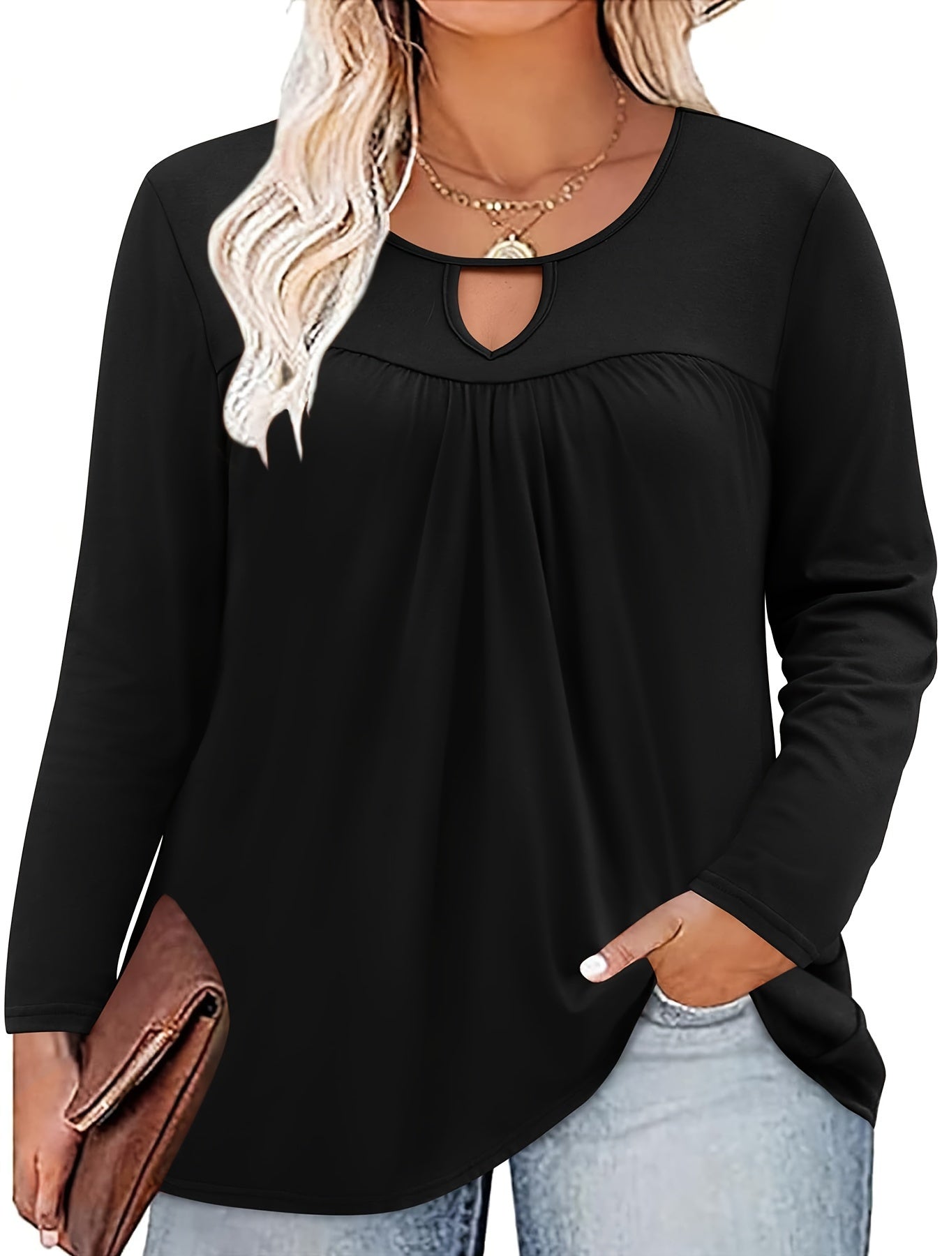 Stylish Plus Size Women's Long Sleeve Keyhole Crewneck Pleated Tunics Tee Blouse - Women Plus - Soft, Breathable, Relaxed Fit, Flattering Silhouette, Versatile Wardrobe Essential