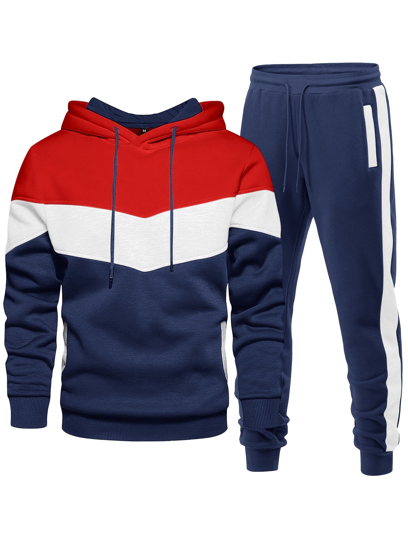 2-piece Color Block Men's Athletic Tracksuit Set, Casual Long Sleeve Hoodie With Drawstring And Jogging Pants Set For Gym Workout Running