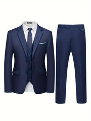 3-Piece Classic Solid Dress Suit Set - Single-Breasted Jacket, Vest, and Trousers - Formal Attire for Men, Perfect for Weddings, Job Interviews, and Business Meetings