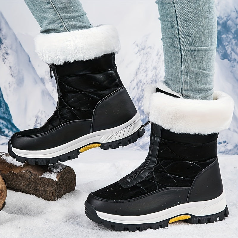 Comfortable Women's Plush Lined Platform Snow Boots, Fashion Front Zipper Outdoor Boots