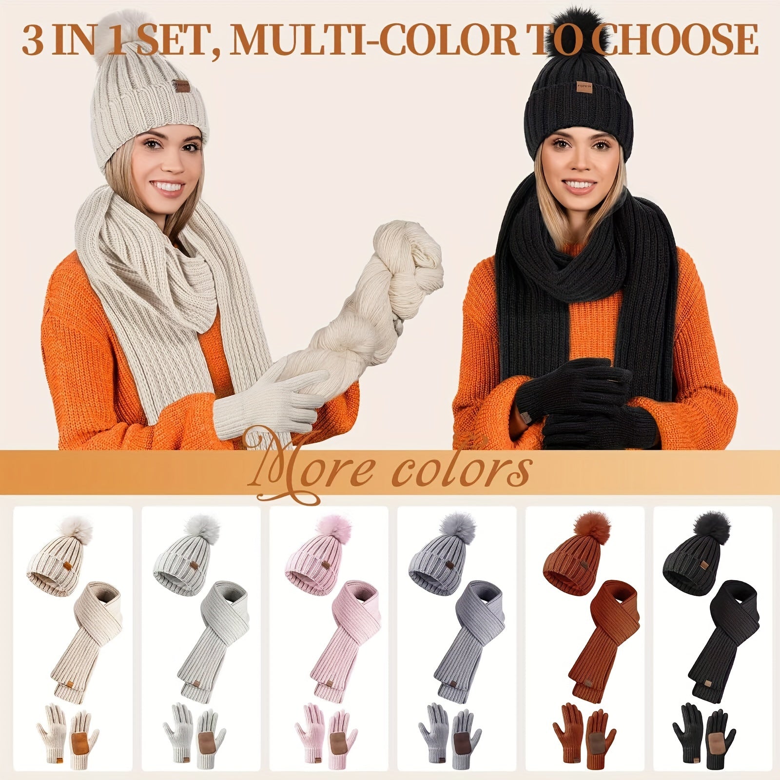 Winter Beanie Hat Scarf Gloves Set For Women, Womens Beanie With Pom Pom Long Scarf Neck Warmer Touchscreen Gloves 3 In 1 Set