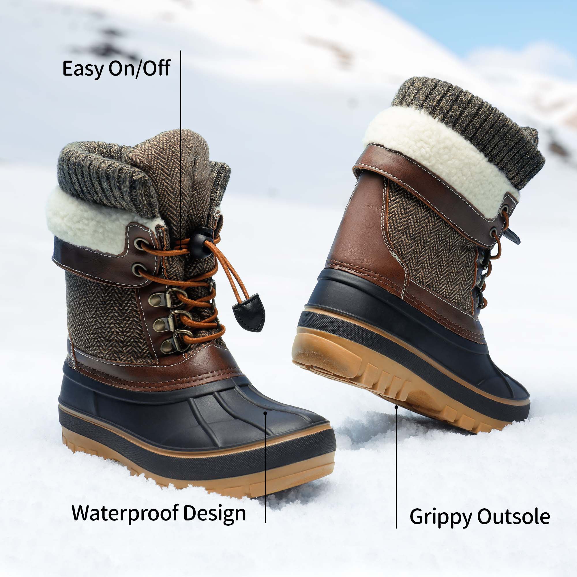 Boys Girls Snow Boots Waterproof Outdoor Warm Cozy Anti-Slip Mid Calf Faux Fur Lining Insulated Winter Shoes for Little/Big Kids