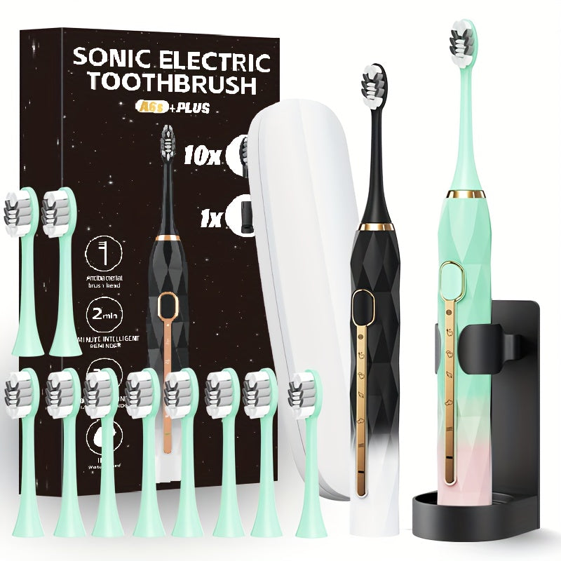 IPX8 Waterproof Acoustic Electric Toothbrush USB Rechargeable Couple Rechargeable Metal Shaft Adult Man And Woman Rechargeable Toothbrush Intelligent Timer 10 Replaceable Toothbrush Heads 5 Colors A Toothbrush Base A Portable