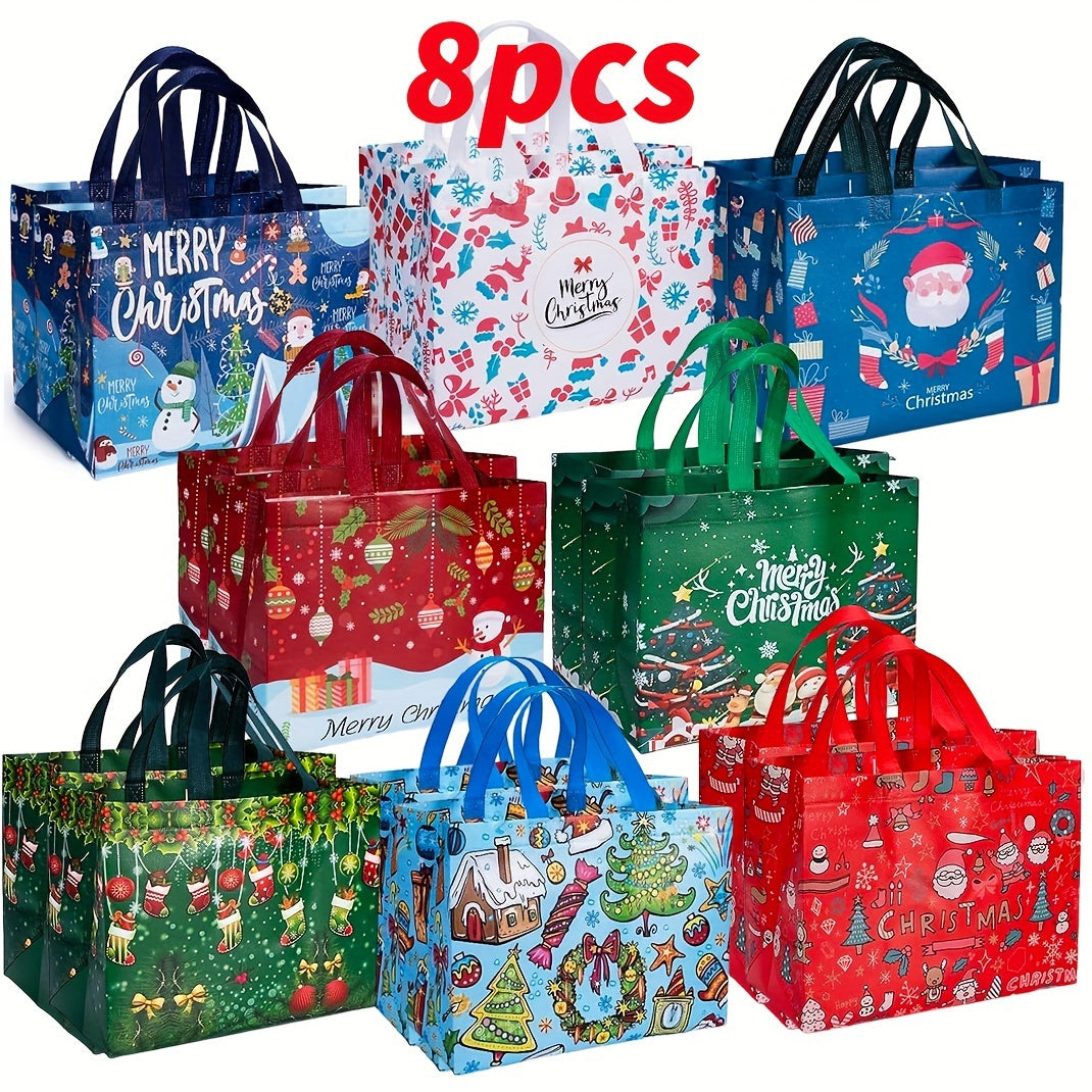 8/16pcs Set Large Christmas Gift Bags with Handles - Reusable Non-Woven Tote Bags for Holiday Shopping & Decor, Durable & Foldable, Featuring Santa, Elk, Tree Designs - 12.8"x9.8"x6.7"