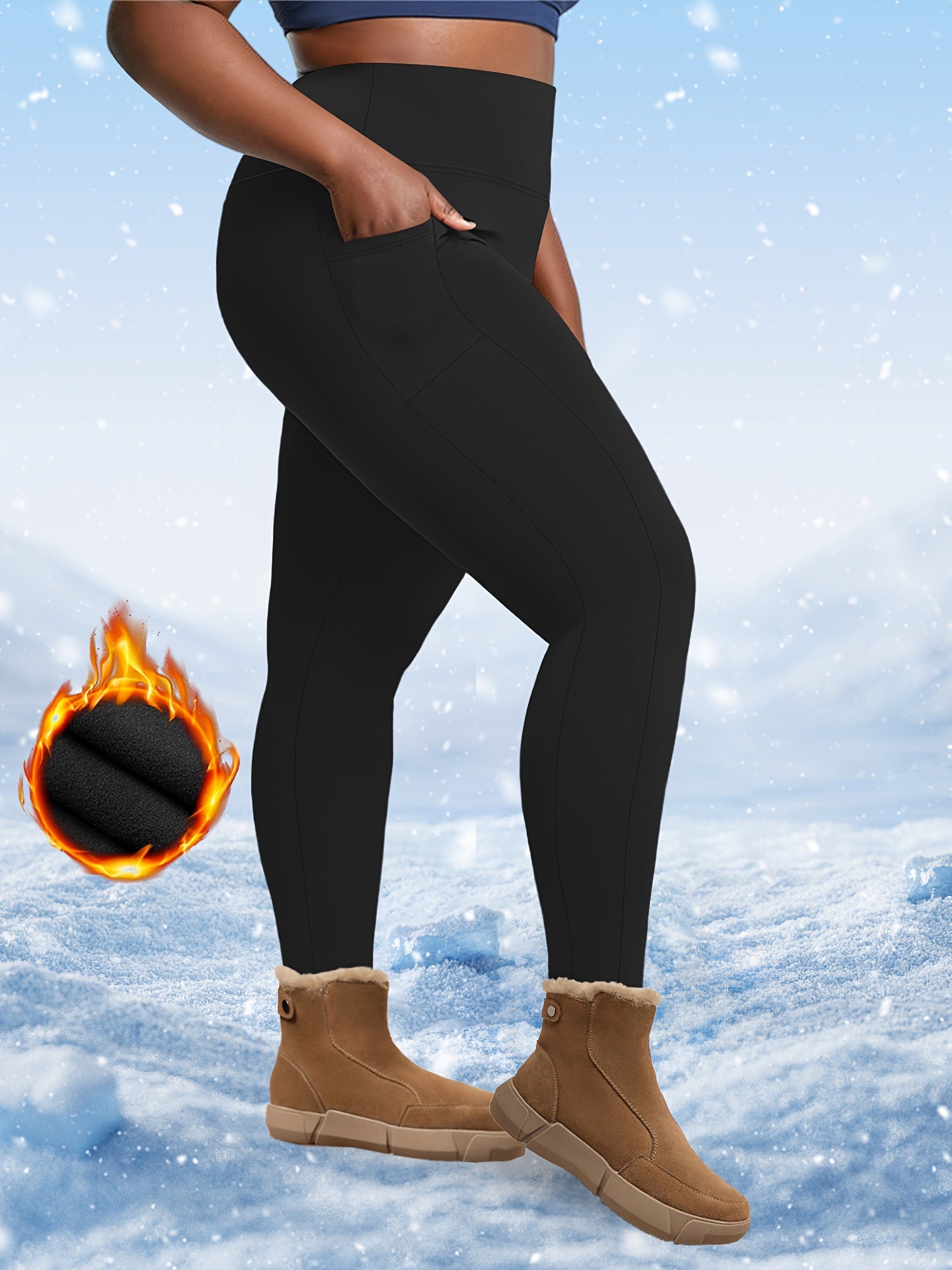 Flattering Plus Size Thermal Leggings - High Waisted, Plush Lined, Side Pockets, Slim Fit, Thermal Tights for Fall & Winter - Comfortable, Soft, and Warm Sports Leggings & Pants for Curvy Women