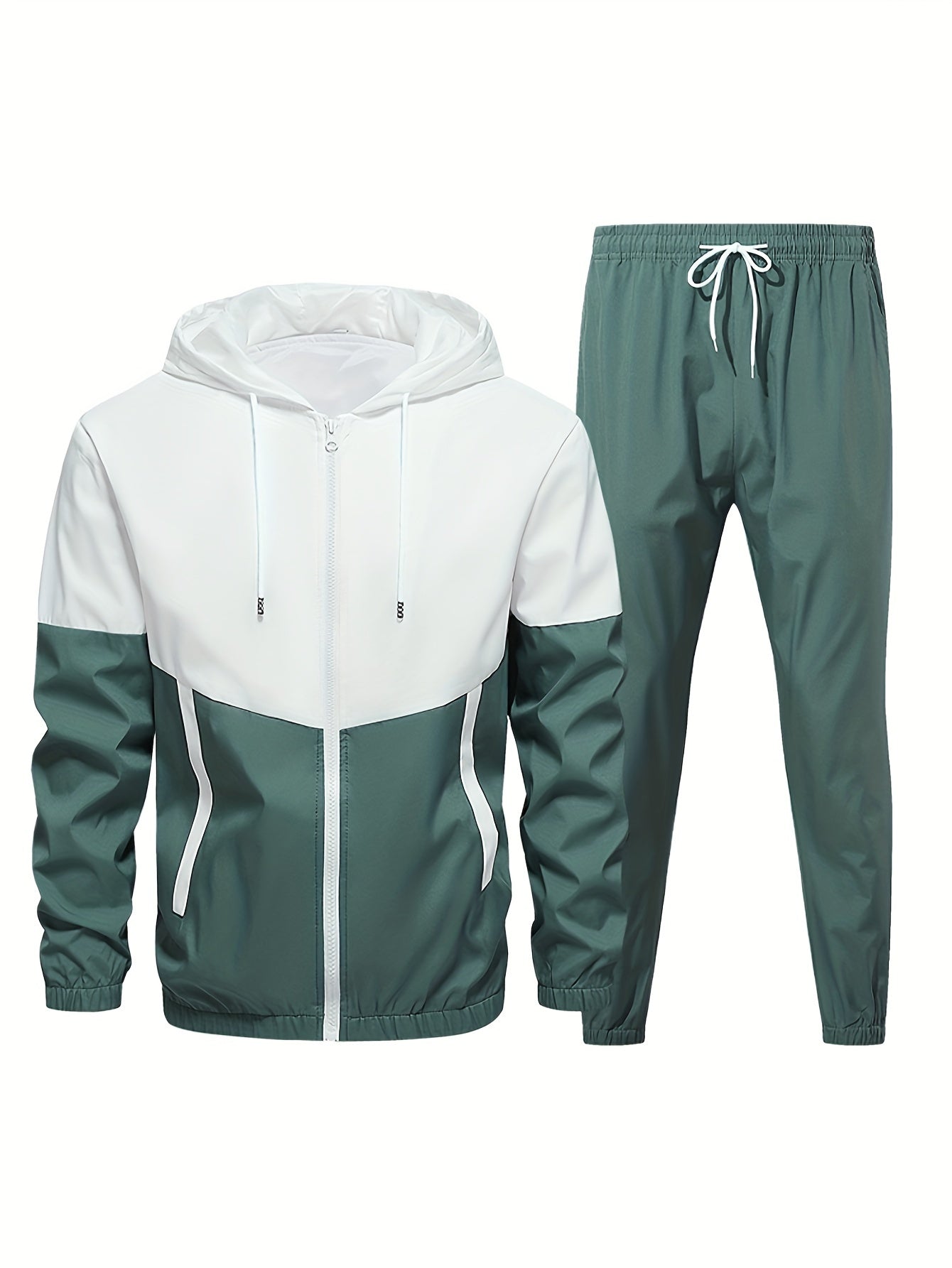 2-Piece Mens Athletic Wear Set - Premium Hooded Jacket and Comfortable Pants with Elastic Waistband, Trendy Color Block Design, Perfect for Spring/Autumn, Youth Fashion Trend, Casual and Sports Style