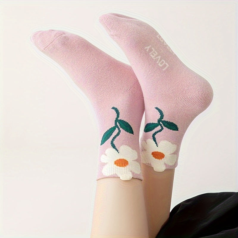 4 Pairs of Girls' Flower Pattern Cotton Crew Socks - Soft, Breathable, Comfortable, and Lovely for Daily Wear