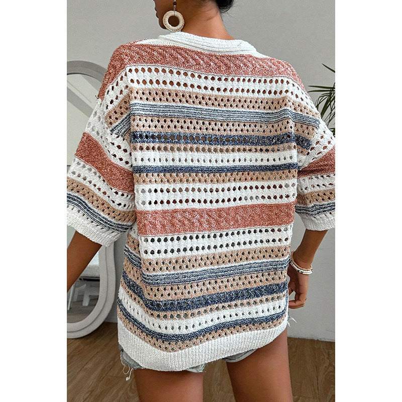 Autumn New Color Matching Hollow Out V-neck Sweater For Women