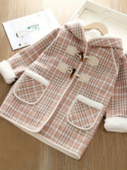 Girls' Elegant Plaid Fleece Overcoat - Hooded, Midi-Length with Zip Pockets for Winter Warmth