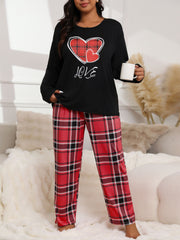 Plus Size Cozy Plaid Pajama Set - Soft Long Sleeve Top & Plaid Pants, Heart & Letter Print, Comfortable Lounge Wear for Fall & Winter, 2 Piece Set