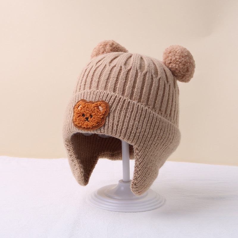 1pc Winter Baby Beanie Cap Cartoon Bear Ear Protection Knitted Hat For Toddler Boys Girls