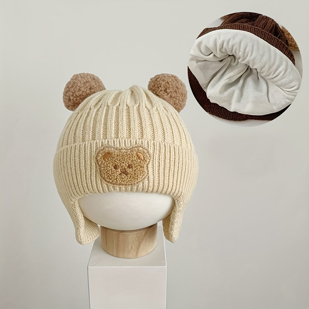 1pc Winter Baby Beanie Cap Cartoon Bear Ear Protection Knitted Hat For Toddler Boys Girls