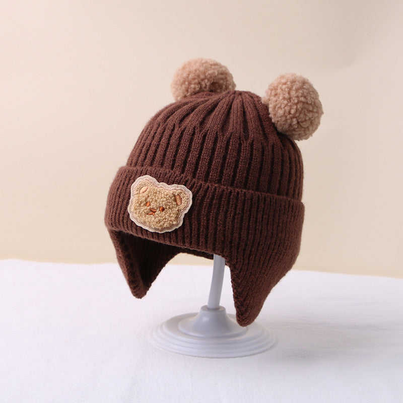 1pc Winter Baby Beanie Cap Cartoon Bear Ear Protection Knitted Hat For Toddler Boys Girls