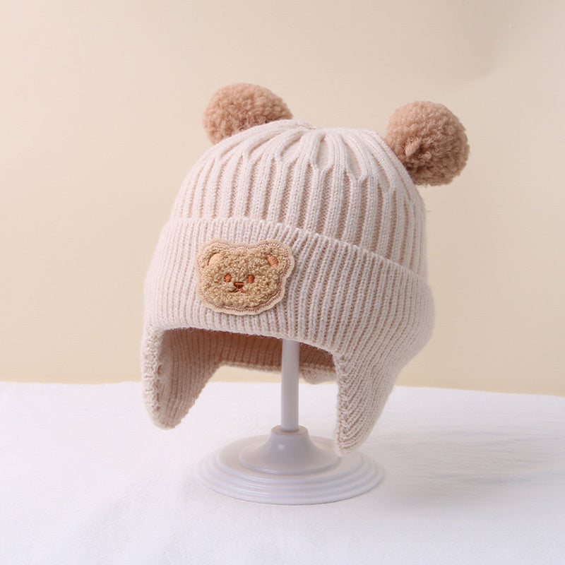 1pc Winter Baby Beanie Cap Cartoon Bear Ear Protection Knitted Hat For Toddler Boys Girls