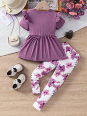 Young Girl Trendy Fashion 2Pcs Clothes Set, Including a Purple Bowknot Top and a Purple Flower Printed Long Pants