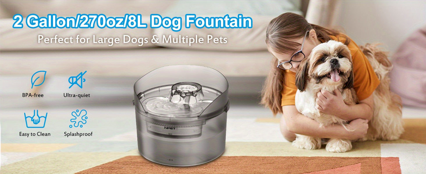 2 Gallon/270oz/8L Large Capacity NPET DF30 Automatic Dog Water Fountain Dispenser - Pet-Friendly Design with Splatter Guard, Cleaning Kit, and Quiet Operation for Large Dogs and Multiple Pets