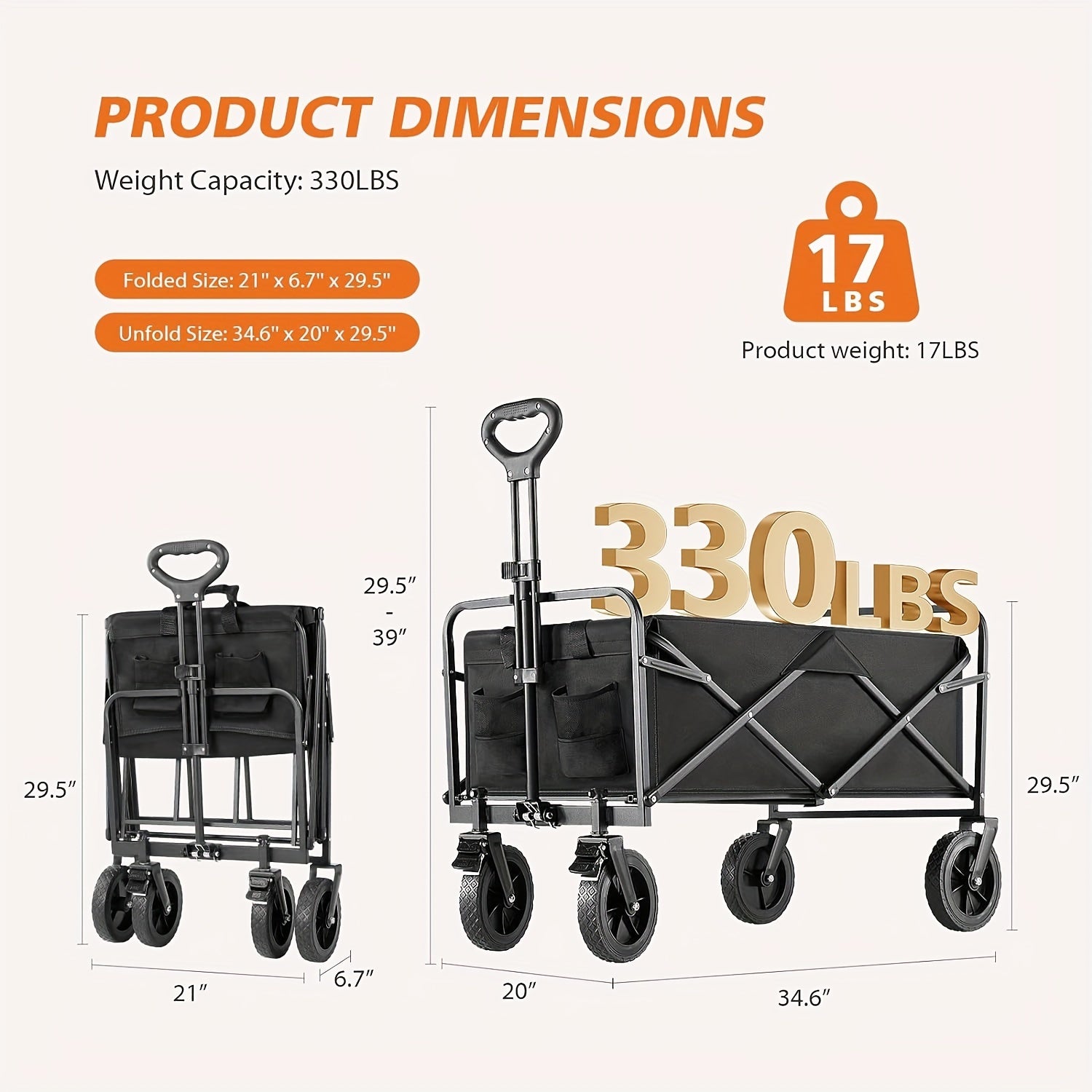 1pc Heavy-Duty Collapsible Utility Wagon Cart - 220LBS Load Capacity, All-Terrain Wheels, Foldable Design, Spacious 30" Interior, Ideal for Beach, Lawn, Sports, Camping, and Outdoor Activities - Black