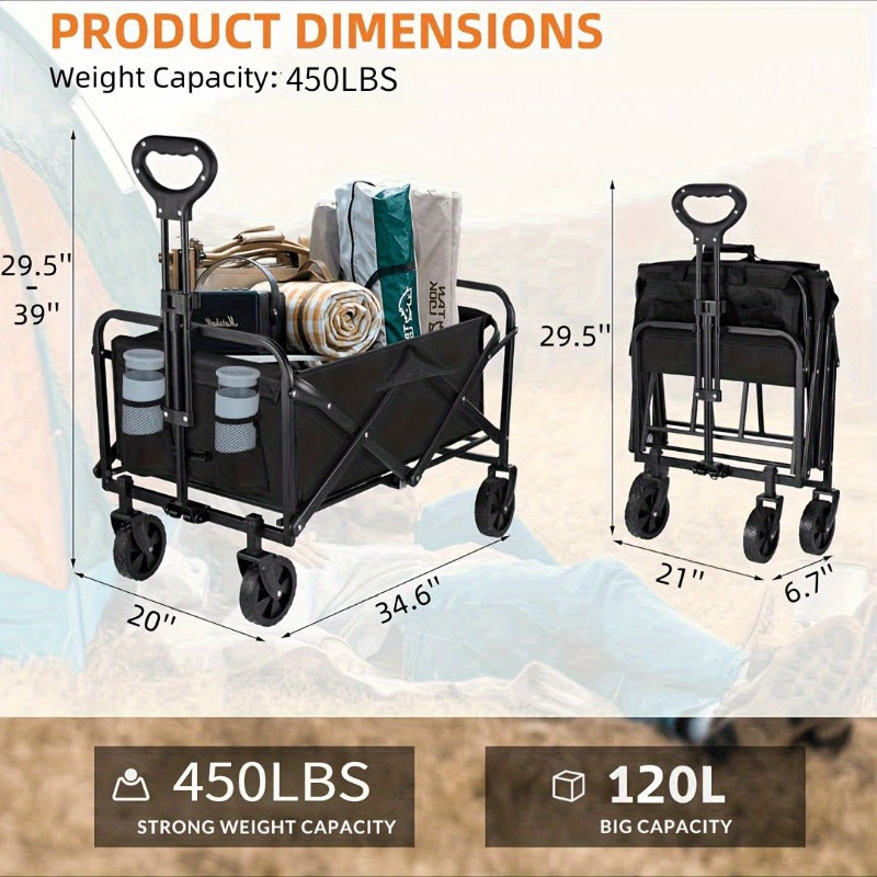 1pc Heavy-Duty Collapsible Utility Wagon Cart - 220LBS Load Capacity, All-Terrain Wheels, Foldable Design, Spacious 30" Interior, Ideal for Beach, Lawn, Sports, Camping, and Outdoor Activities - Black