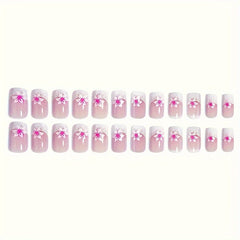 24pcs Chic Pink Floral Gradient Press-On Nails Kit - Short Square, Glossy Finish with Jelly Adhesive & Nail File Included for Women