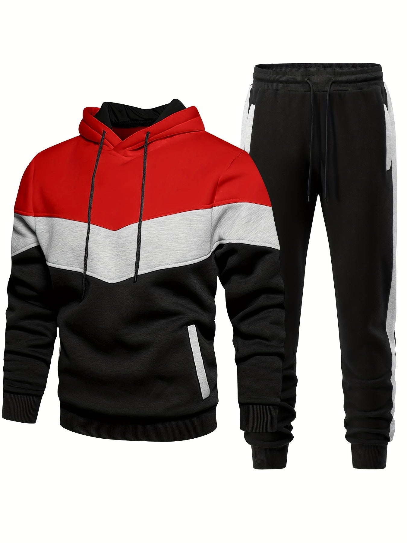 2-piece Color Block Men's Athletic Tracksuit Set, Casual Long Sleeve Hoodie With Drawstring And Jogging Pants Set For Gym Workout Running