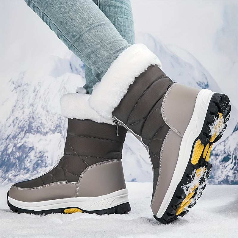 Comfortable Women's Plush Lined Platform Snow Boots, Fashion Front Zipper Outdoor Boots