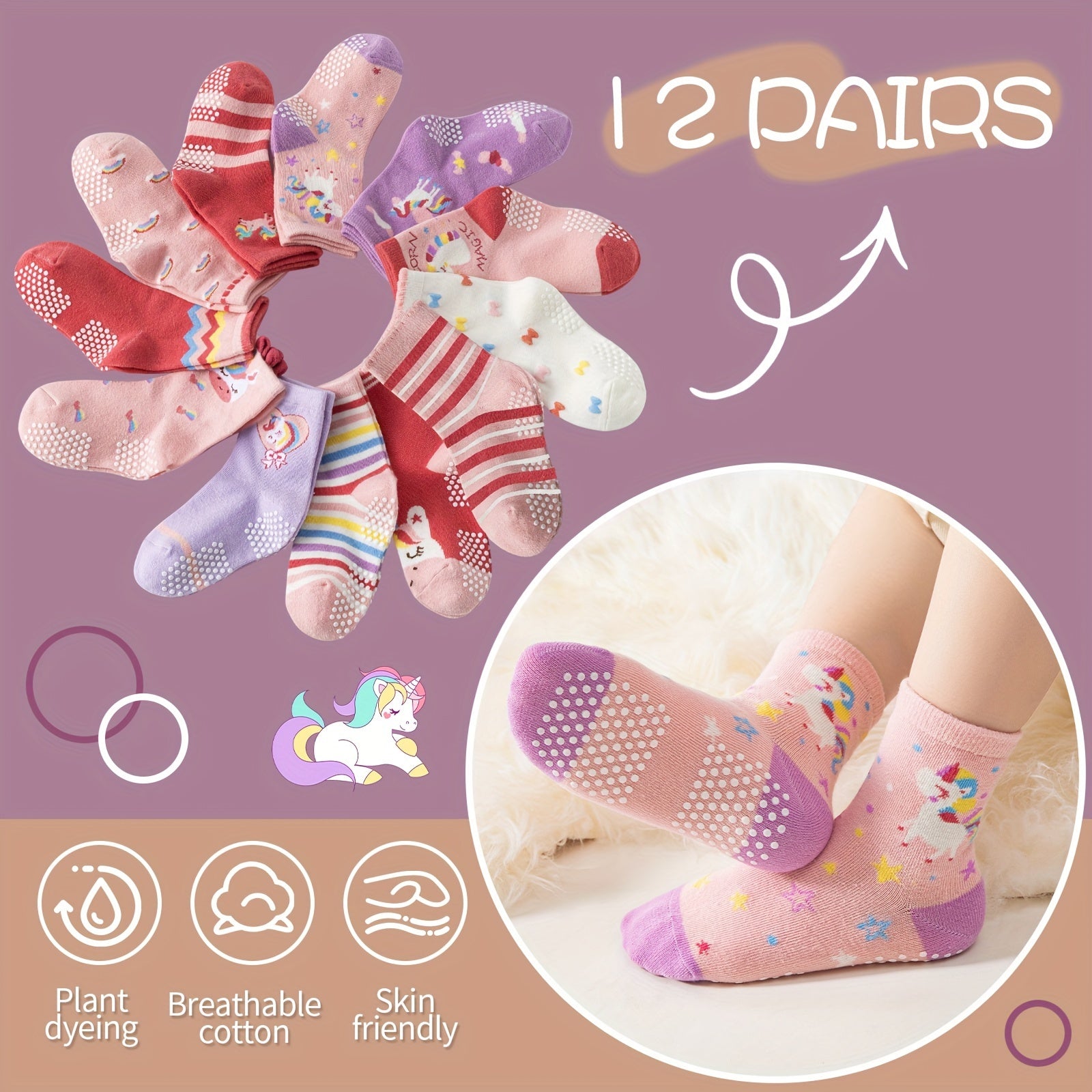 12 Pairs Of Baby Girls Toddlers Grips Socks Kids Non Slip/Anti Skid Unicorn Striped Crew Cotton Gift Socks