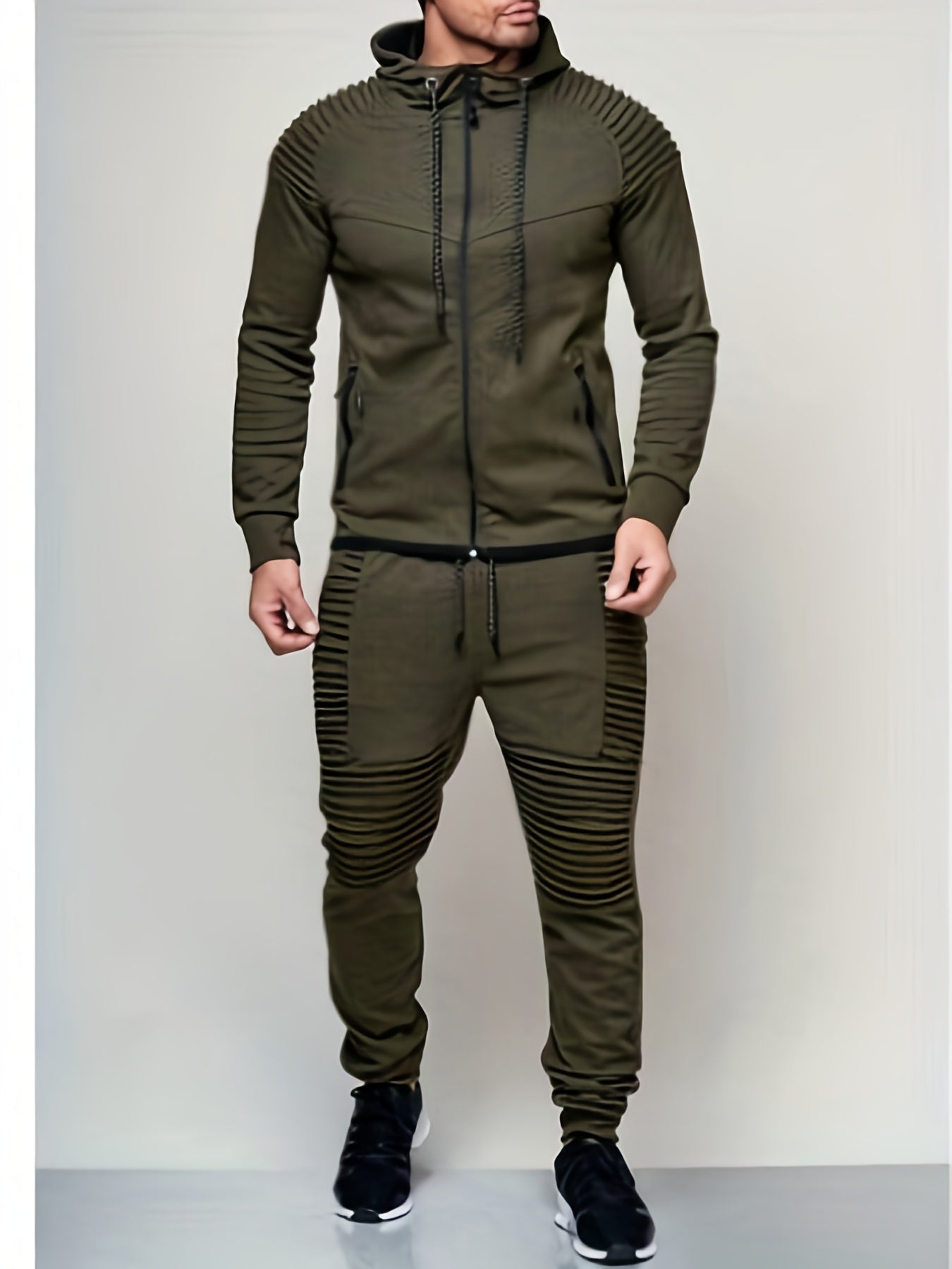 Mens Casual 2PCS Set, Solid Color Long Sleeve Straps Hoodie Zip Pockets Top, Long Loose Drawing Straps Pants, Sweatsuits