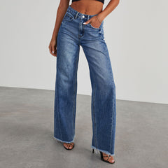 Fashion High Waist Jeans With Pockets Comfortable Slim Fit Straight Wide-leg Pants