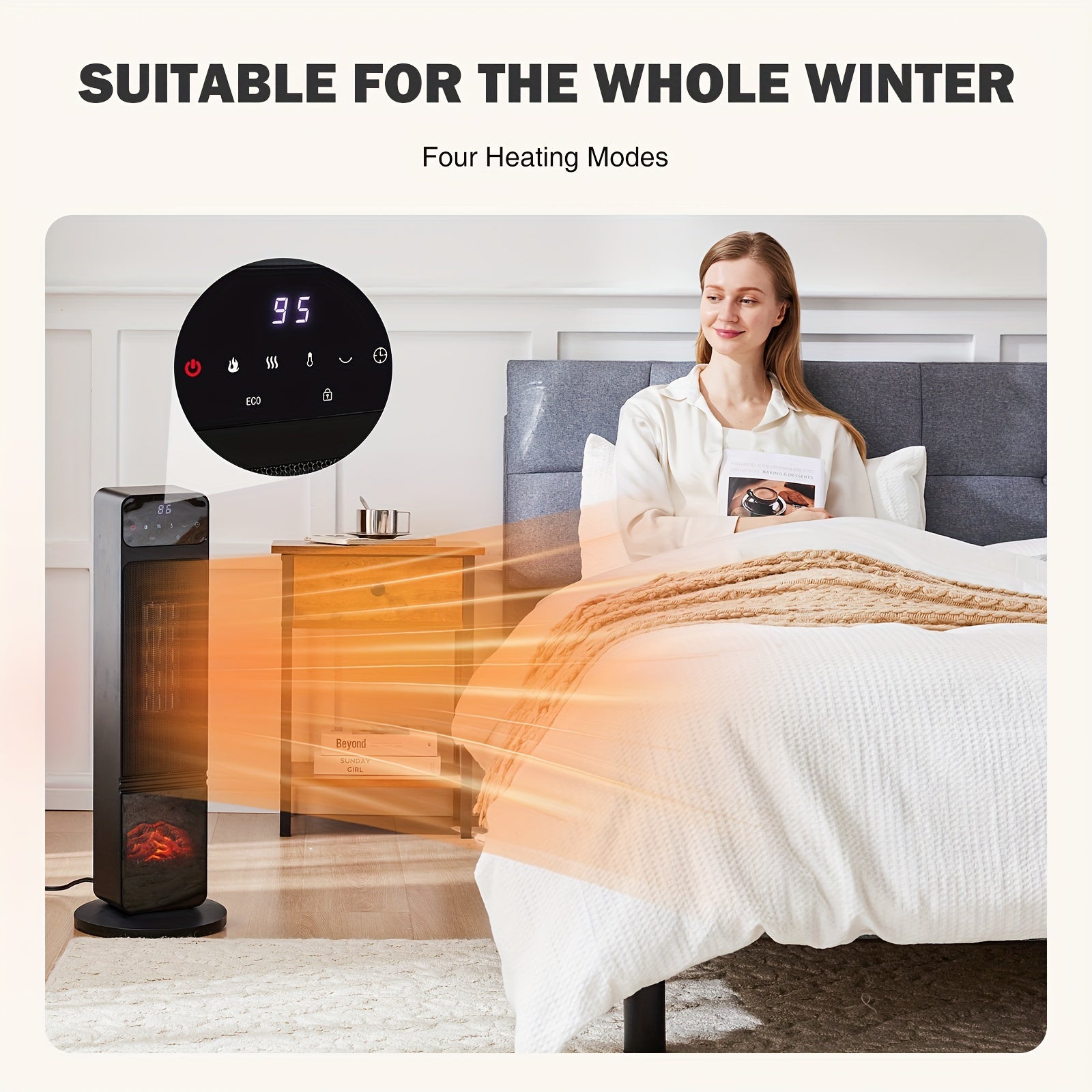 1500W Fast Electric Portable Space Heater for Indoor Use with Remote and Thermostat, 4 Modes, 26" Vertical, 12 Hour Timed Schedule, Overheating & Tip-Over Protection, Black Color