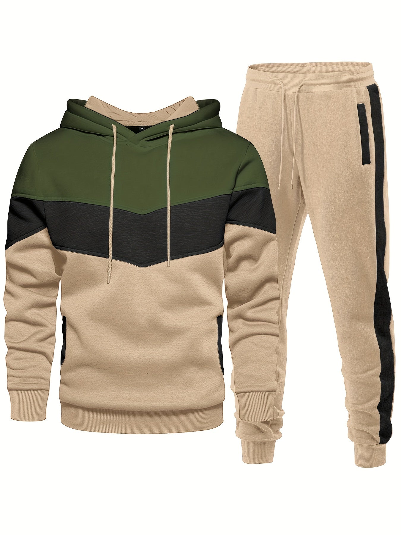 2-piece Color Block Men's Athletic Tracksuit Set, Casual Long Sleeve Hoodie With Drawstring And Jogging Pants Set For Gym Workout Running