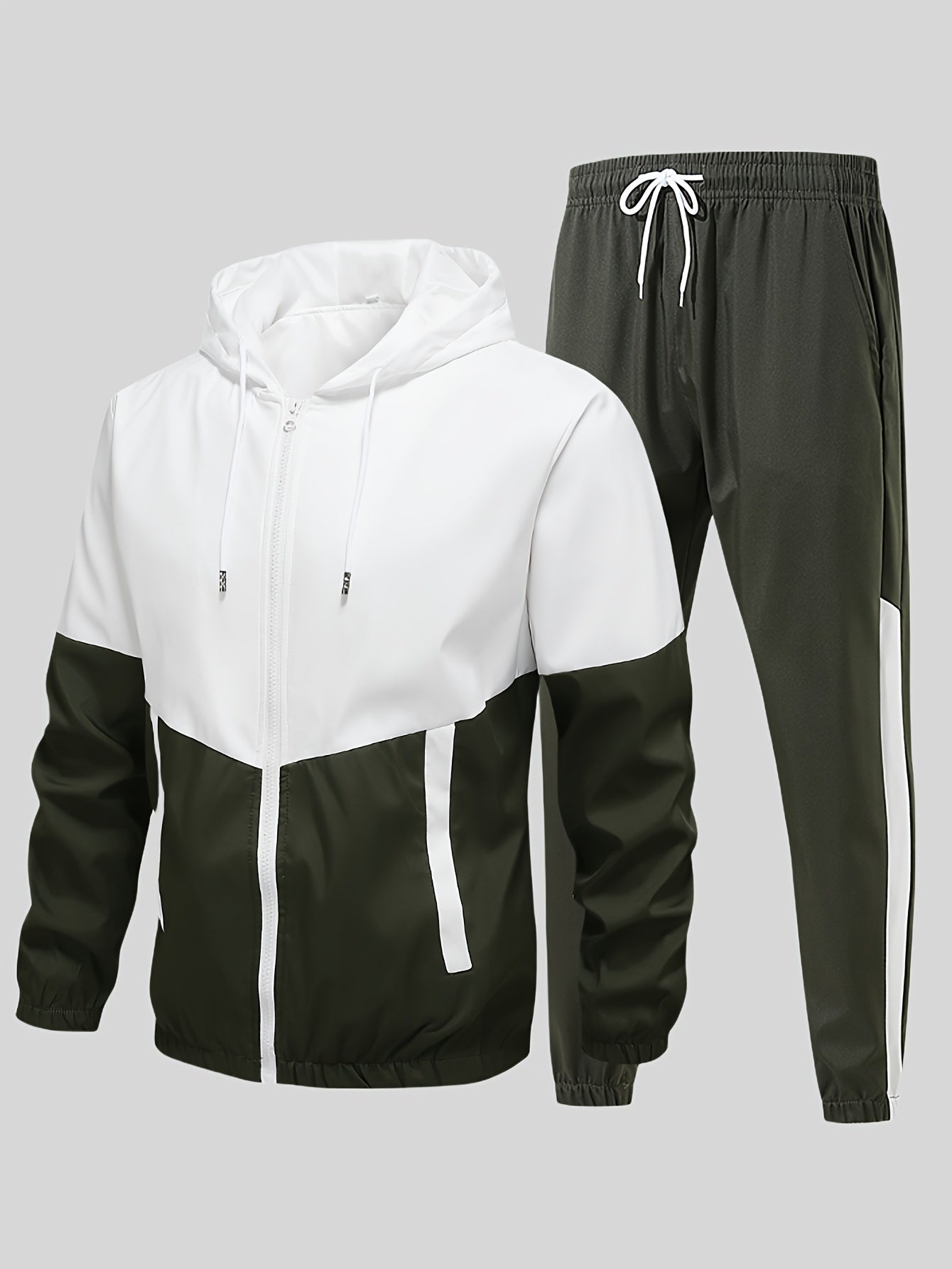 2-Piece Mens Athletic Wear Set - Premium Hooded Jacket and Comfortable Pants with Elastic Waistband, Trendy Color Block Design, Perfect for Spring/Autumn, Youth Fashion Trend, Casual and Sports Style