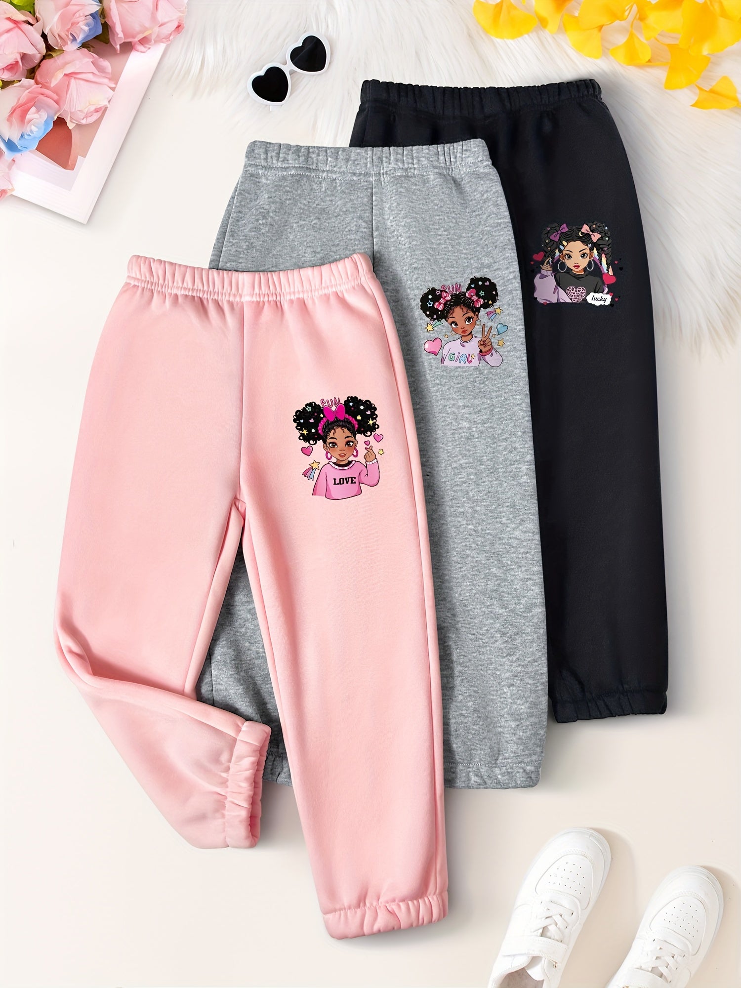 3PCS Cozy Cartoon Girl Graphic Print Plush Lined Sweatpants Set for Girls - Warm and Comfy Pants & Capris for Fall and Winter Outdoors - Soft, Fleece-Lined, and Adorable Graphic Design