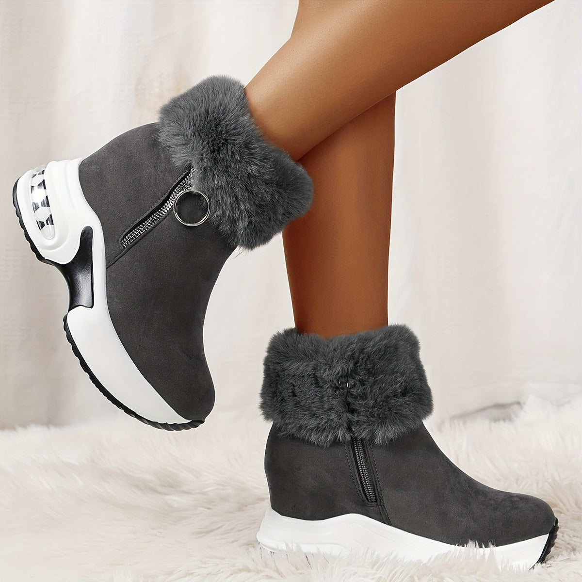 Women's Platform Short Boots, Comfortable Side Zipper Ankle Boots, Stylish Plush Lined Boots