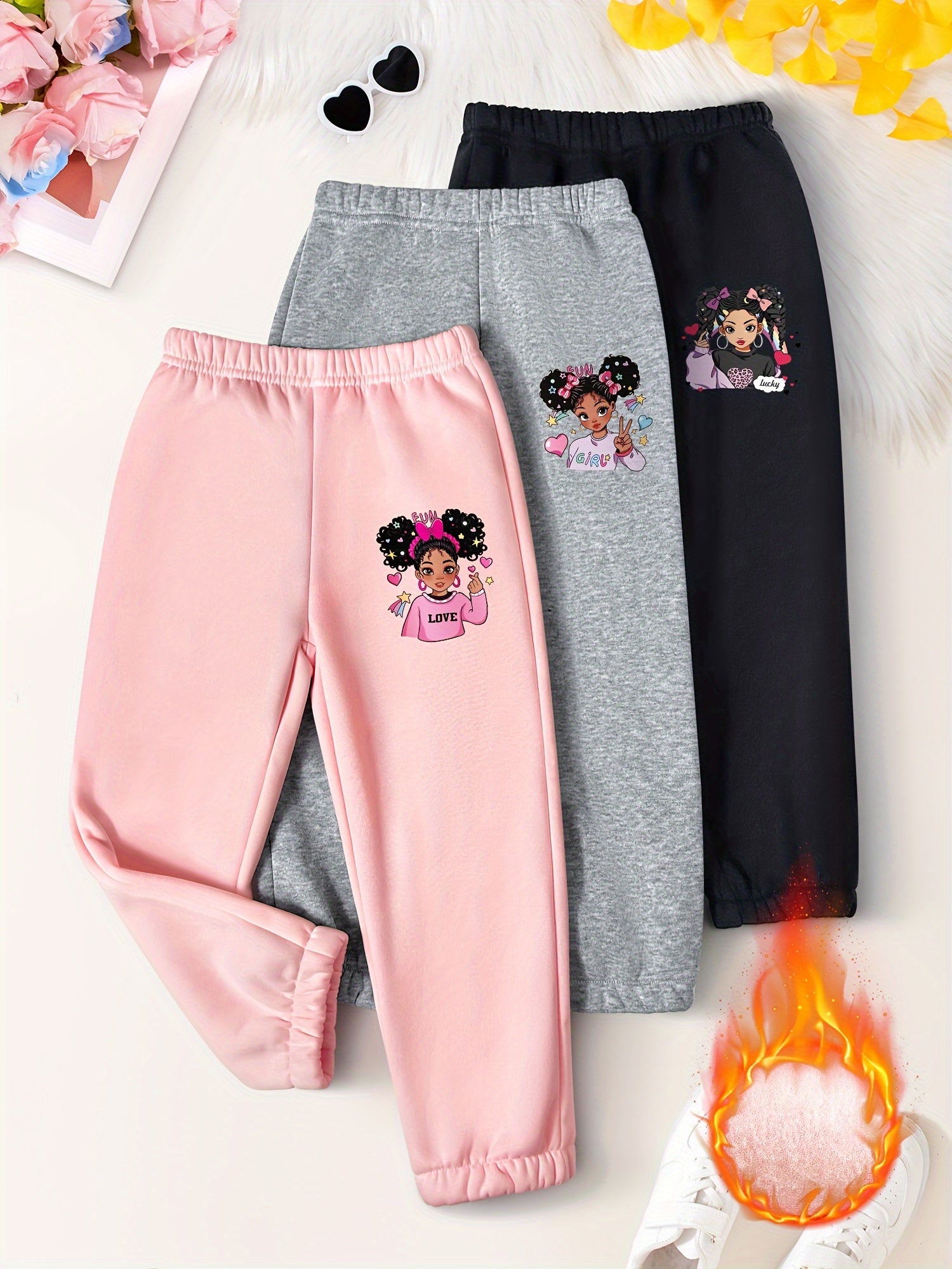 3PCS Cozy Cartoon Girl Graphic Print Plush Lined Sweatpants Set for Girls - Warm and Comfy Pants & Capris for Fall and Winter Outdoors - Soft, Fleece-Lined, and Adorable Graphic Design