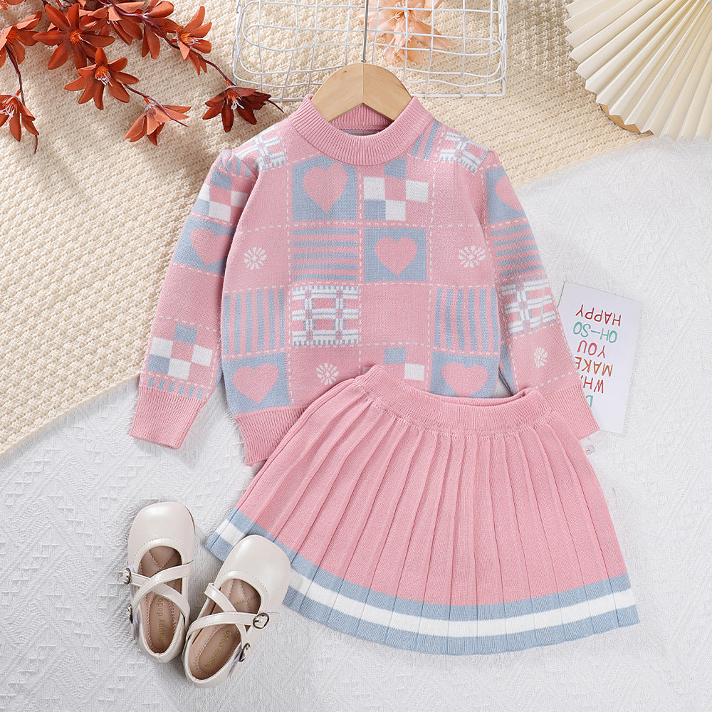 Round Neck Geometric Cartoon Printed Sweater Pleated Skirt Suit