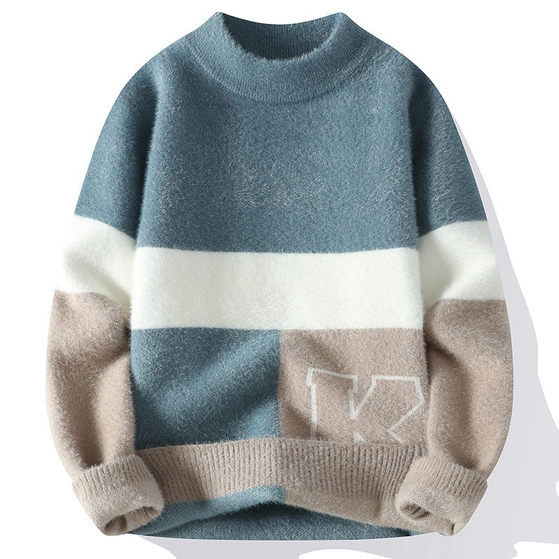 Round Neck Jacquard Color Matching Long Sleeve Pullover