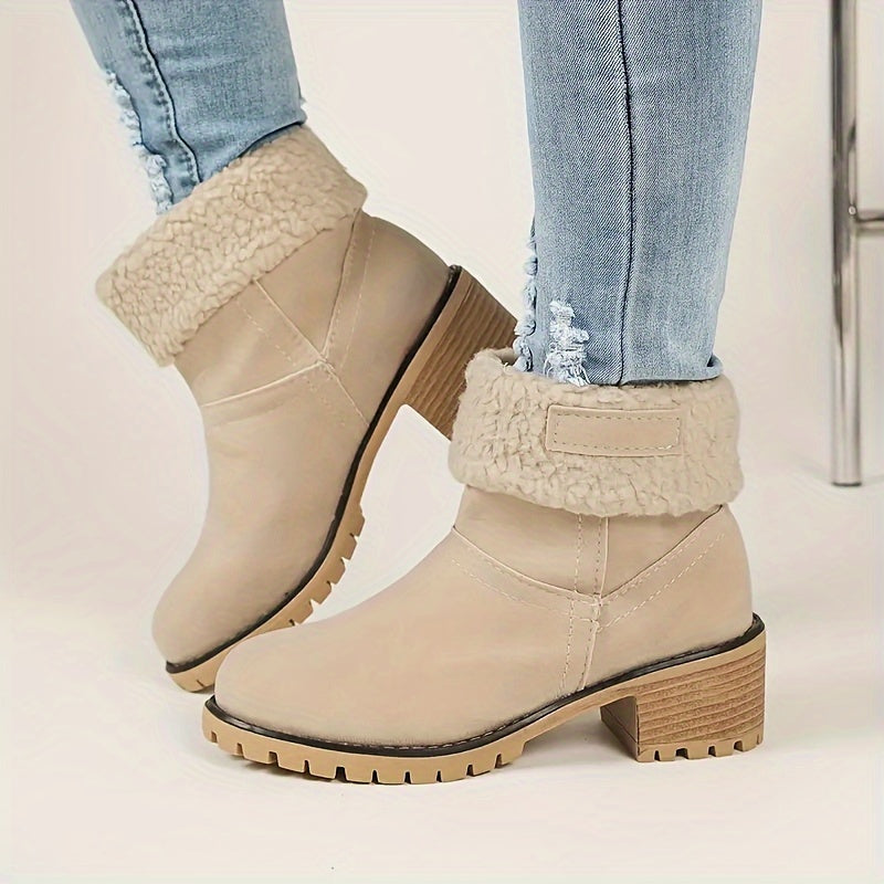 Women's Solid Color Chunky Heel Boots, Casual Slip On Plush Lined Boots, Comfortable Winter Ankle Boots