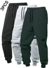 3pcs Solid Color Men's Casual Joggers With Pockets, Drawstring Pants For Sport And Casual Wear