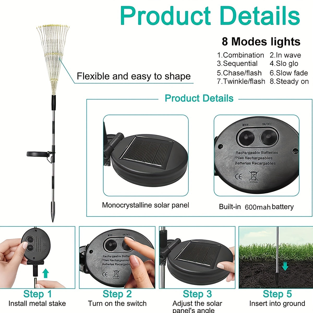 1pc Solar Garden Lights Outdoor Waterproof 8 Modes, Light Up Your Garden With Solar Fireworks Light, 60/150/200/240 LED Outdoor DIY Lights! IP54